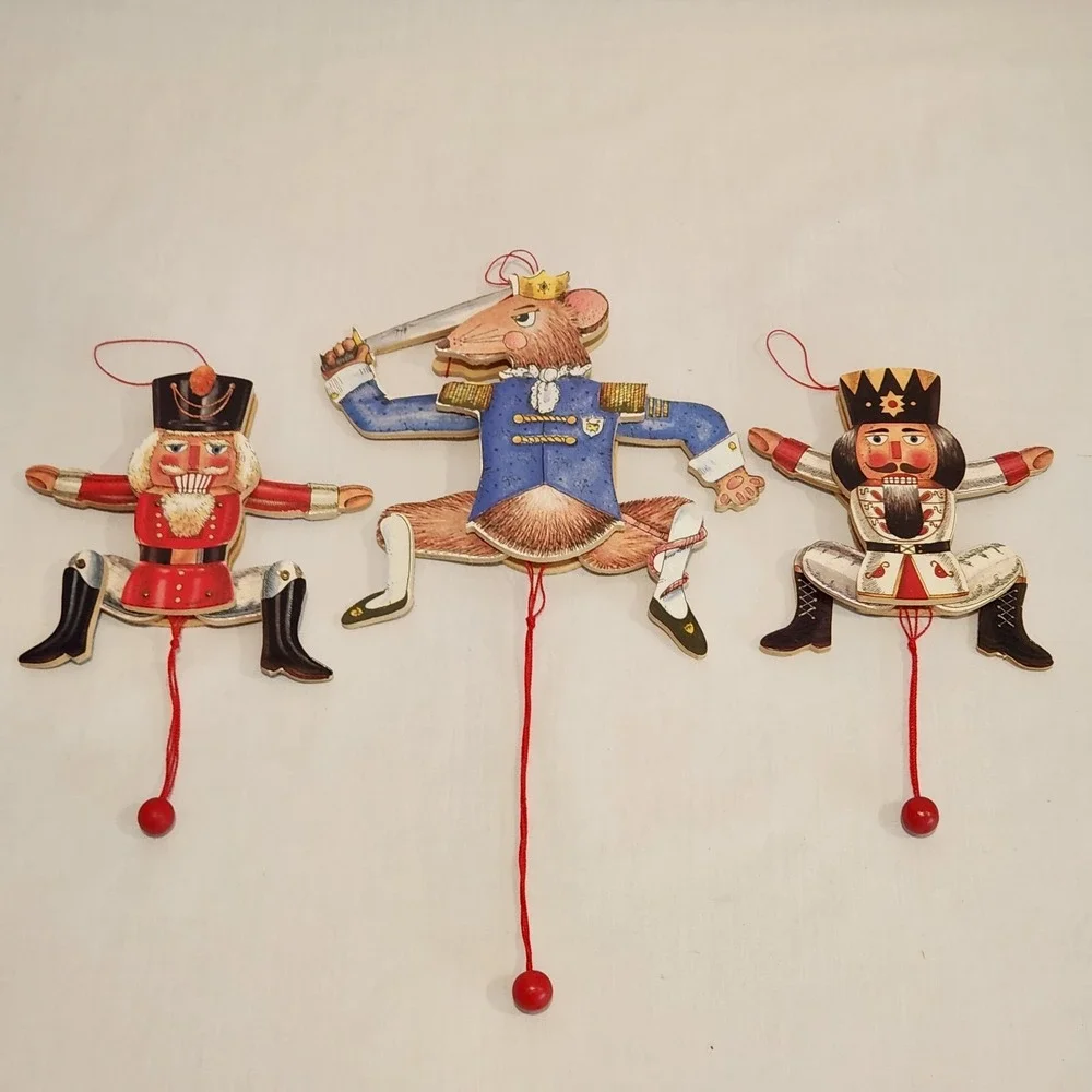 SET OF 3 VTG Jumping Jack Nutcracker‎ Wood Pull String Christmas Ornament 7.5